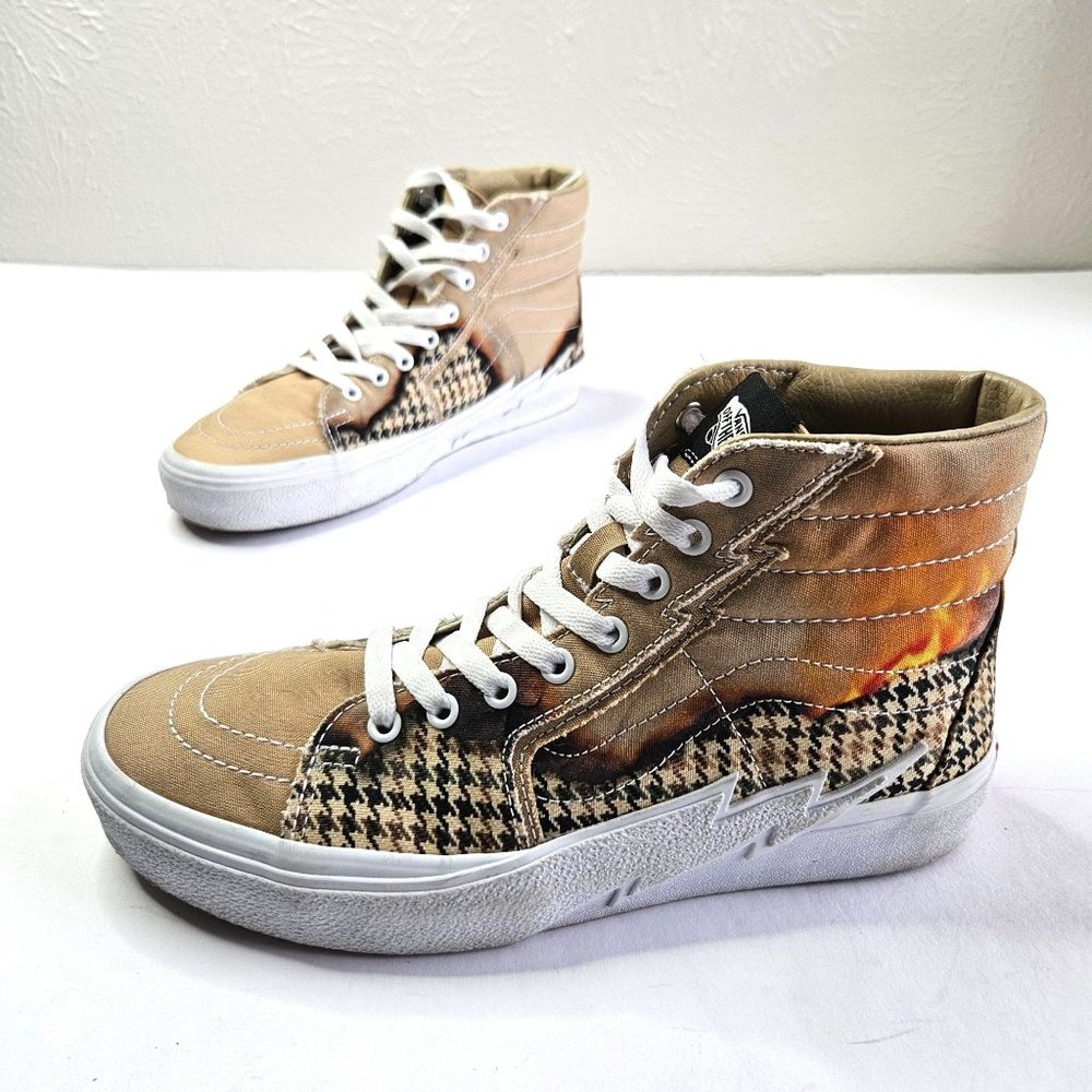 Vans Big Reveal Skater Sneakers Unisex M9/W10.5 Tan Canvas Fire Graphic Hi Shoes